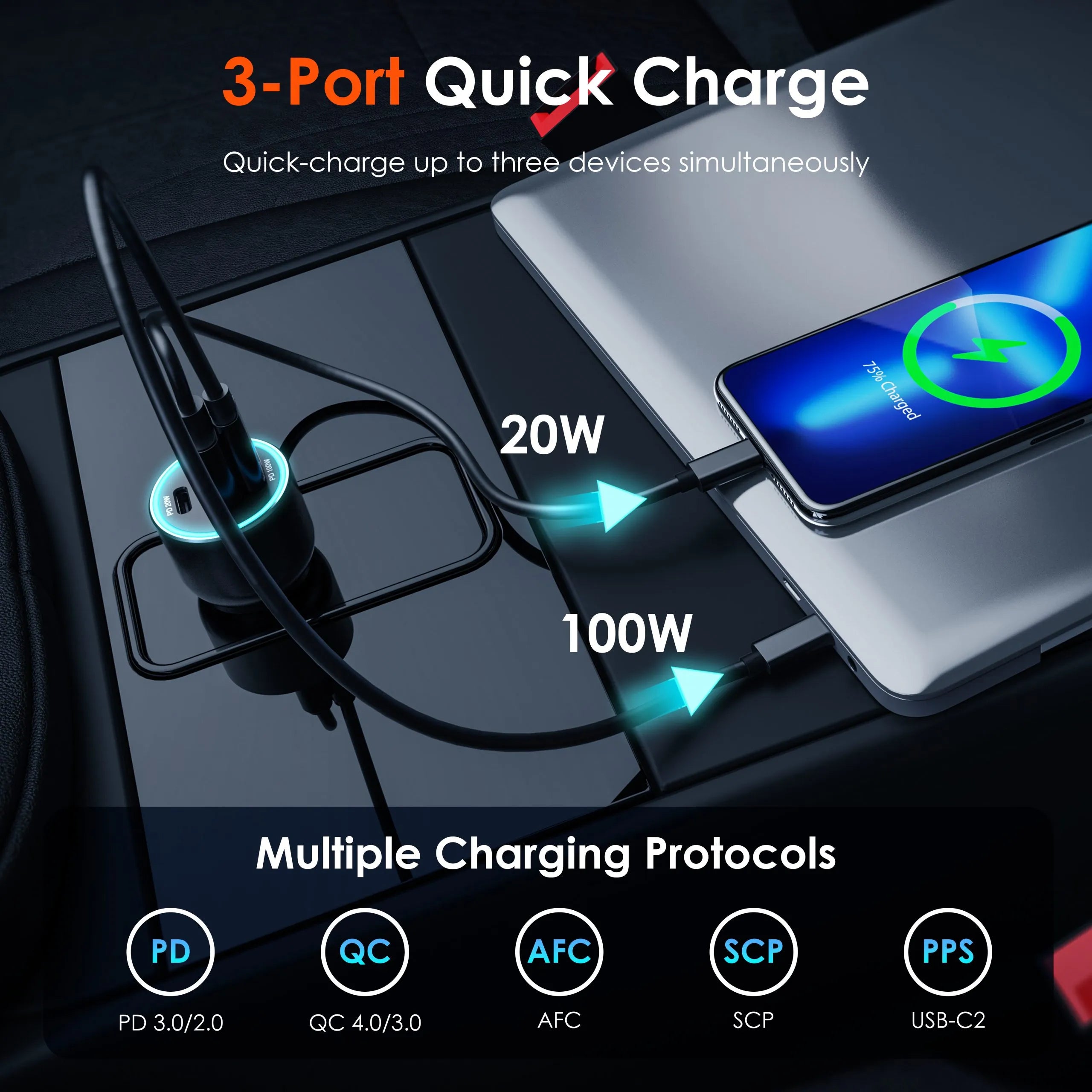 Rexing 120W USB C triple port car charger with included cable, compact electronic device for fast vehicle charging.