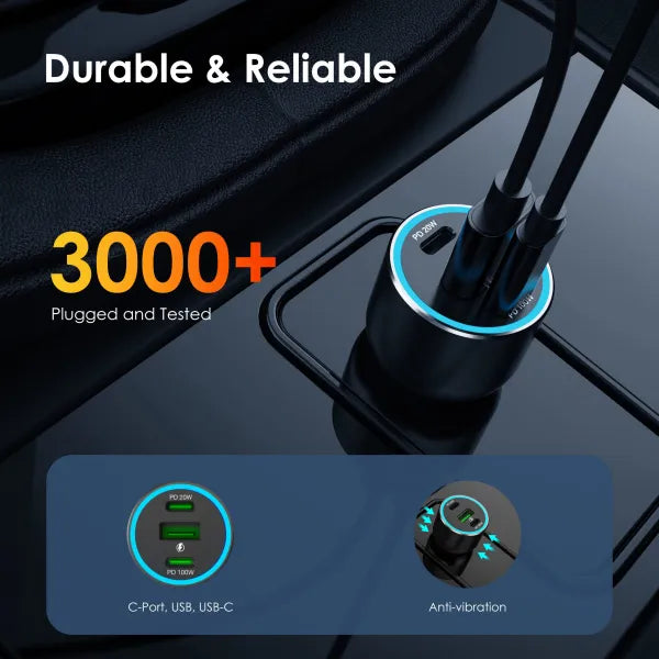 Rexing 120W USB C triple port car charger with included cable, compact design for fast vehicle charging