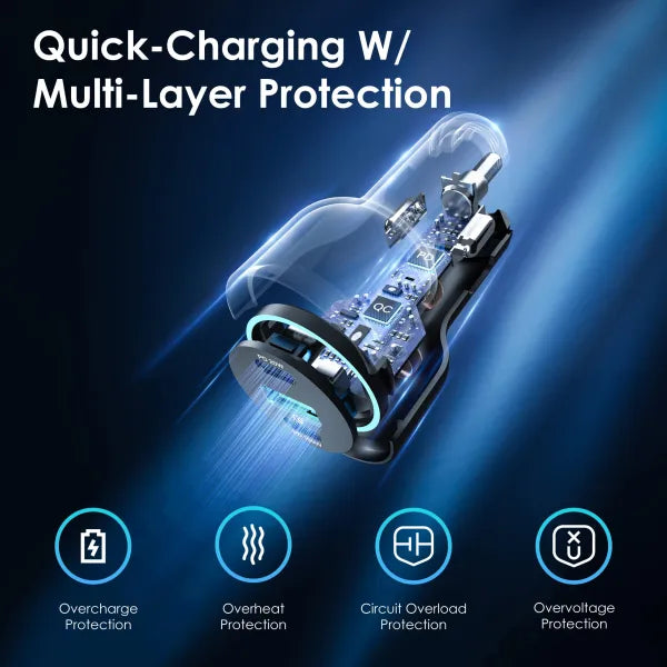 Rexing 120W USB C triple port car charger with included cable, compact car electronics for fast device charging in vehicles.