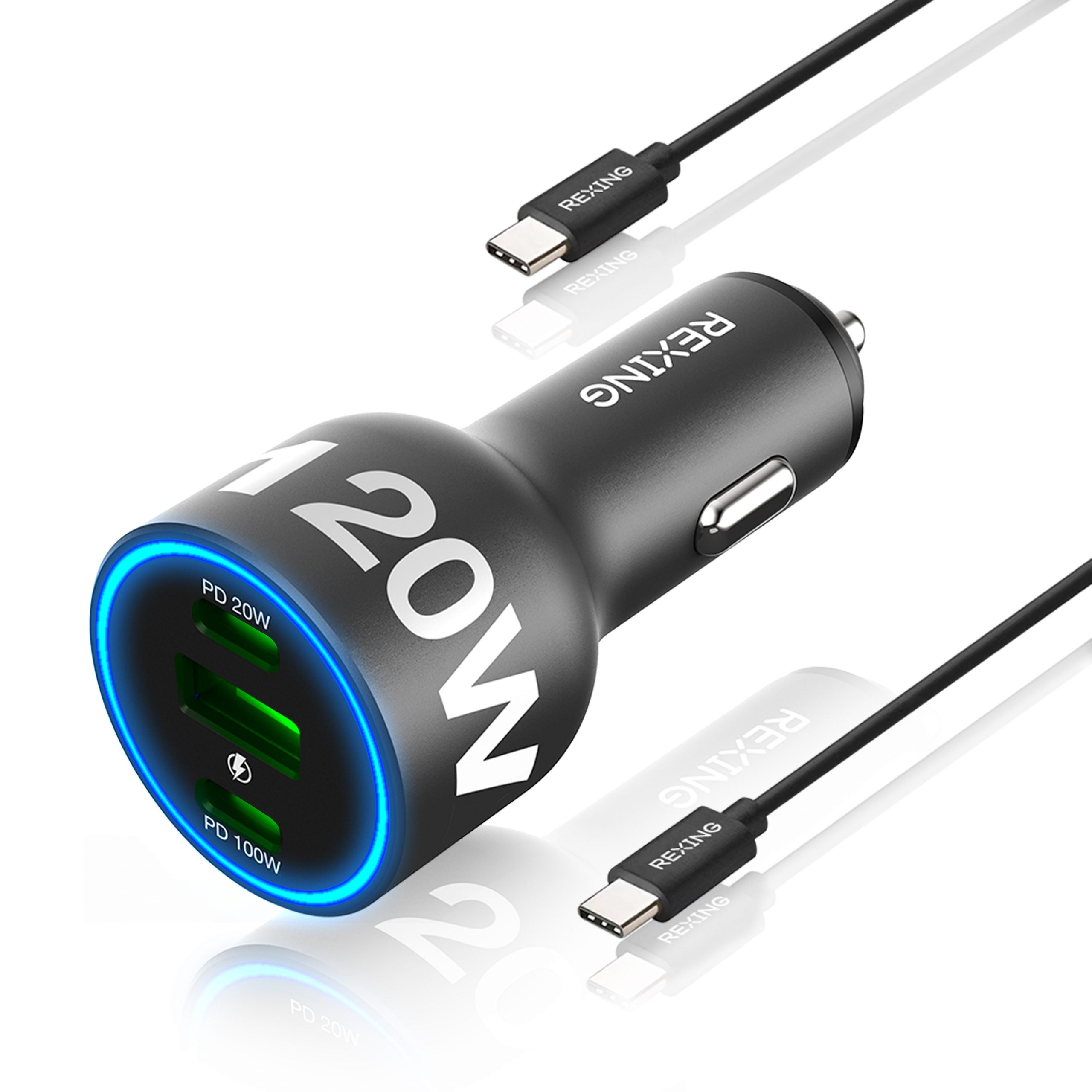 Rexing 120W USB C triple port car charger with included cable, compact electronic device for fast vehicle charging.