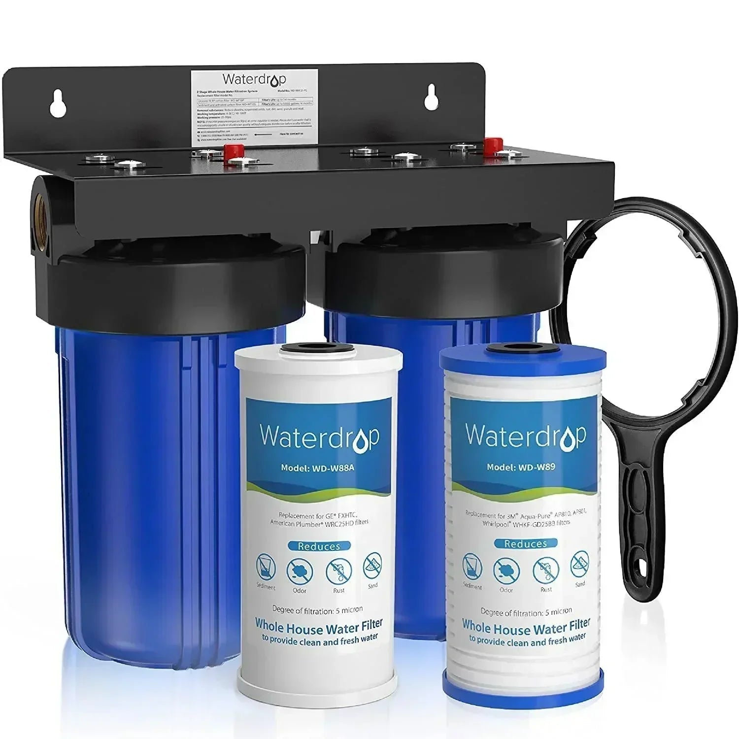 Green Vista Living Waterdrop WHF21-PG 5 Micron 2-Stage Whole House Water Filtration System installed in a home's plumbing.