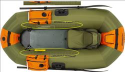 Inflatable PF7 PackFish™ fishing boat by Backcountry Sportsman with deluxe fishing package, including seats and gear storage.