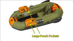 Inflatable PF7 PackFish™ fishing boat by Backcountry Sportsman with deluxe fishing package, shown inflated with fishing gear inside.