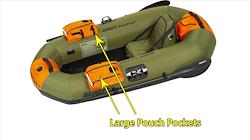 Backcountry Sportsman PF7 PackFish inflatable fishing boat in Pro Package, showing the compact, inflatable design with fishing accessories.