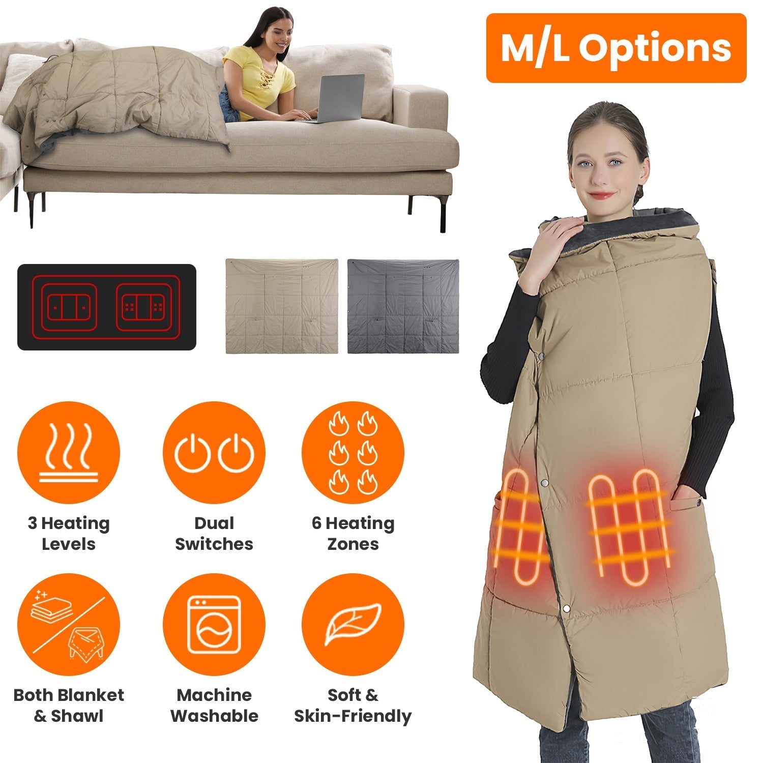 USB Heated Blanket Electric Heated Poncho Shawl Wrap Throw with Zipper Arm Holes Pocket 3 Heating Levels 6 Zones Dual Switch 5V/2A Machine Washable fo - OVERLANDERS Outfitter
