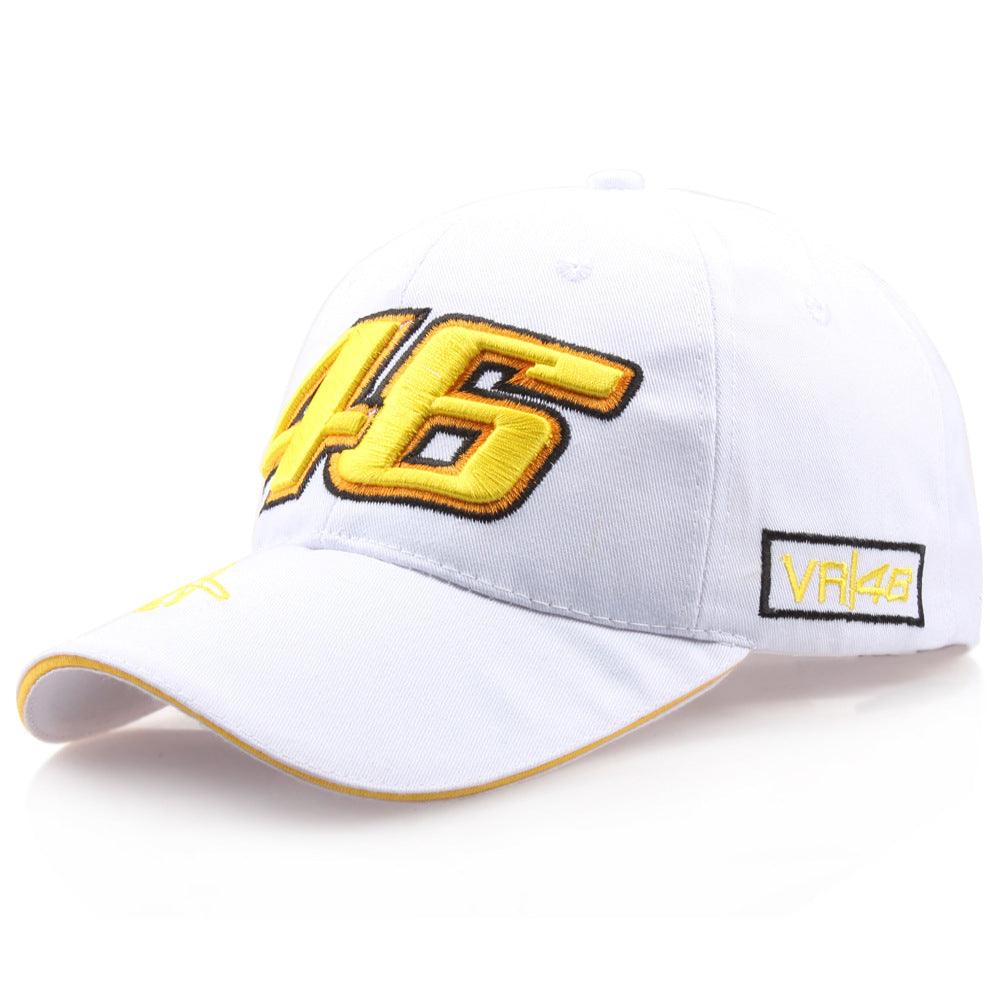 Decorative sport motorcycle baseball cap by Bean's Moto Booth with embroidered motorcycle design and curved brim.