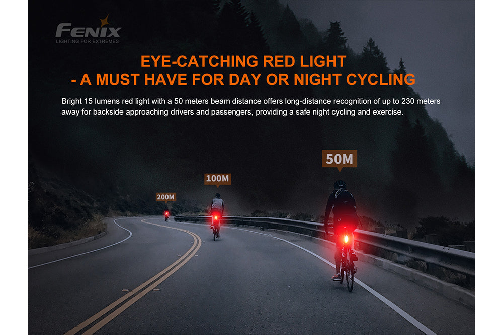 Fenix BC05R V2.0 rechargeable bike tail light mounted on a bicycle, showcasing its compact design and bright LED features.