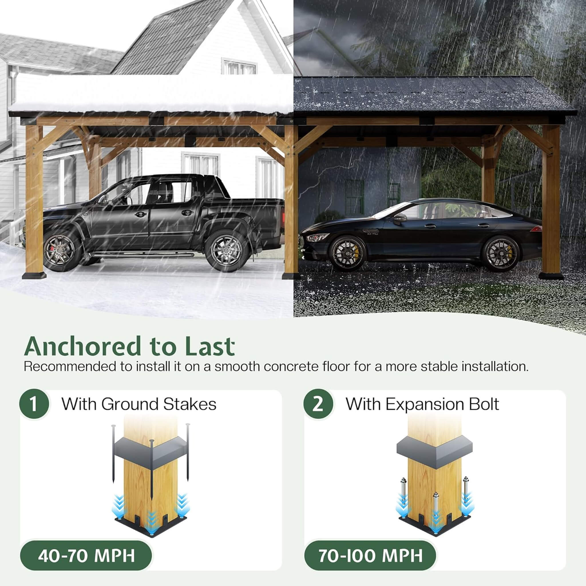 [12X24FT] Alora Large Heavy-Duty Outdoor Cedar Wood Hardtop Carport With Galvanized Steel Roof (SAK48392) - We The Collective