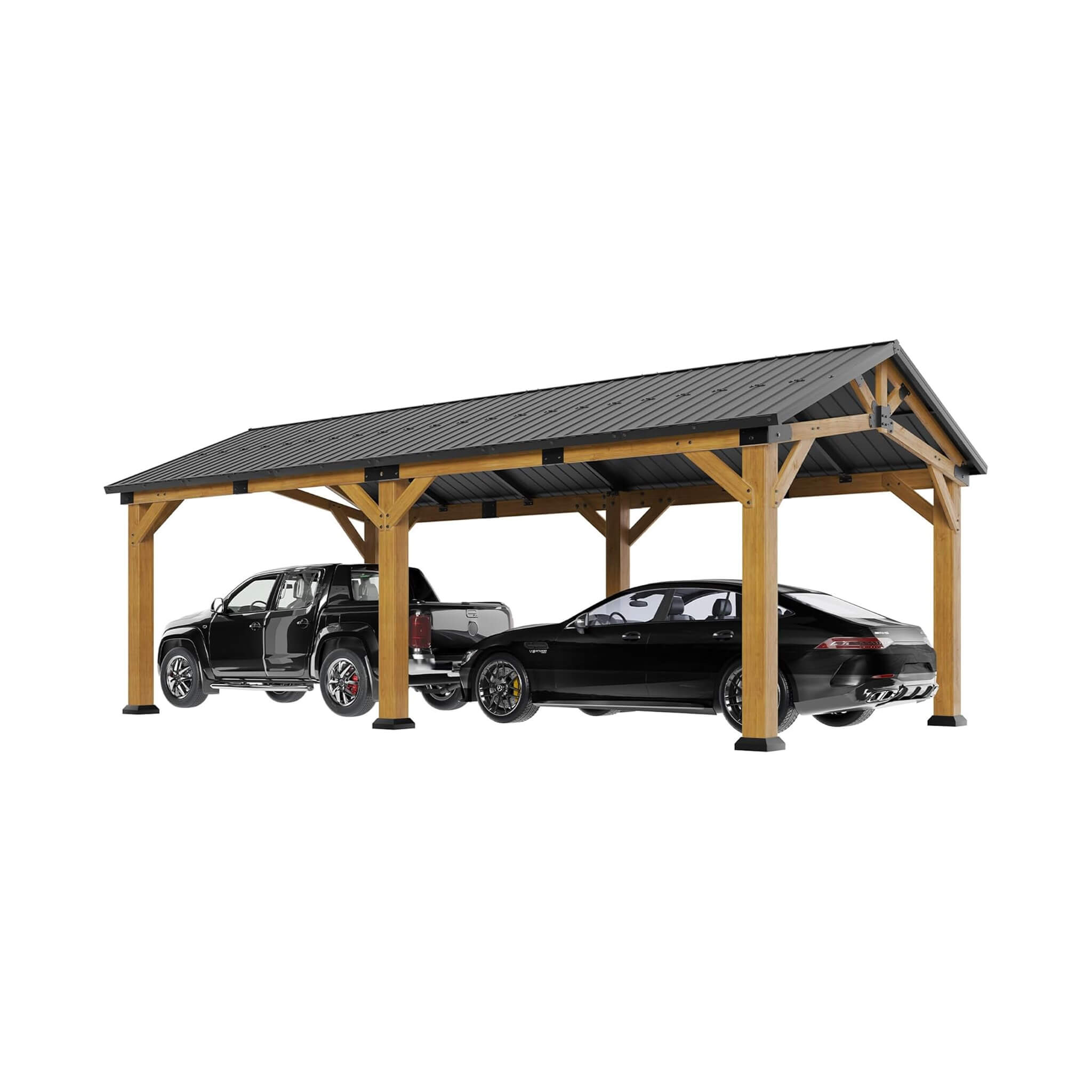 [12X24FT] Alora Large Heavy-Duty Outdoor Cedar Wood Hardtop Carport With Galvanized Steel Roof (SAK48392) - We The Collective
