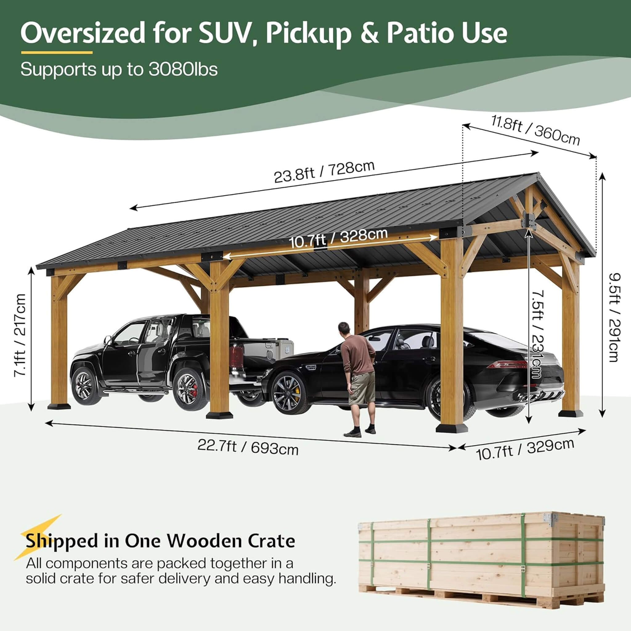 [12X24FT] Alora Large Heavy-Duty Outdoor Cedar Wood Hardtop Carport With Galvanized Steel Roof (SAK48392) - We The Collective