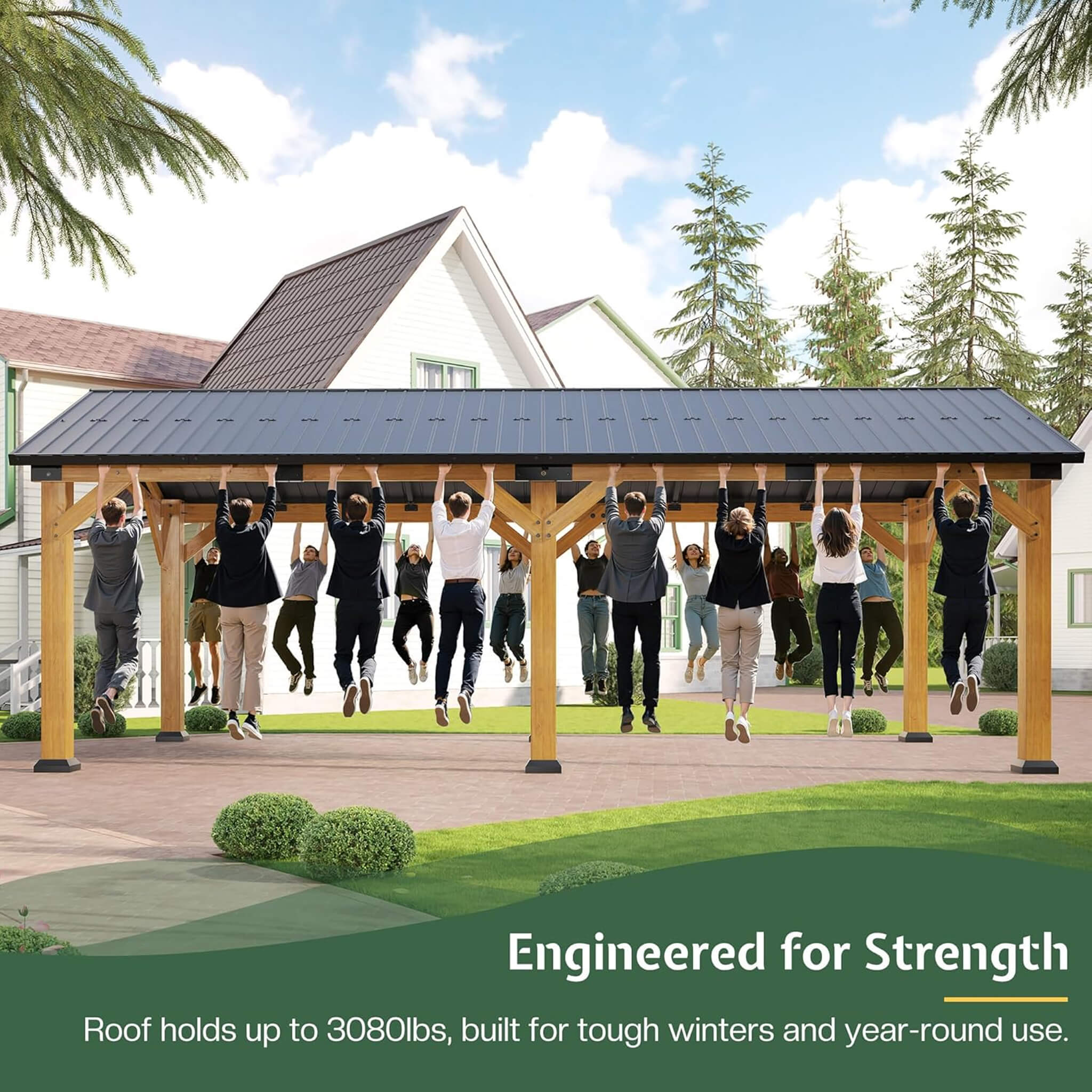 [12X24FT] Alora Large Heavy-Duty Outdoor Cedar Wood Hardtop Carport With Galvanized Steel Roof (SAK48392) - We The Collective
