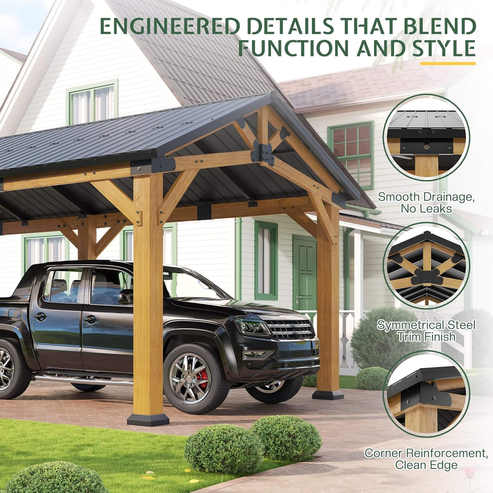 [12X24FT] Alora Large Heavy-Duty Outdoor Cedar Wood Hardtop Carport With Galvanized Steel Roof (SAK48392) - We The Collective