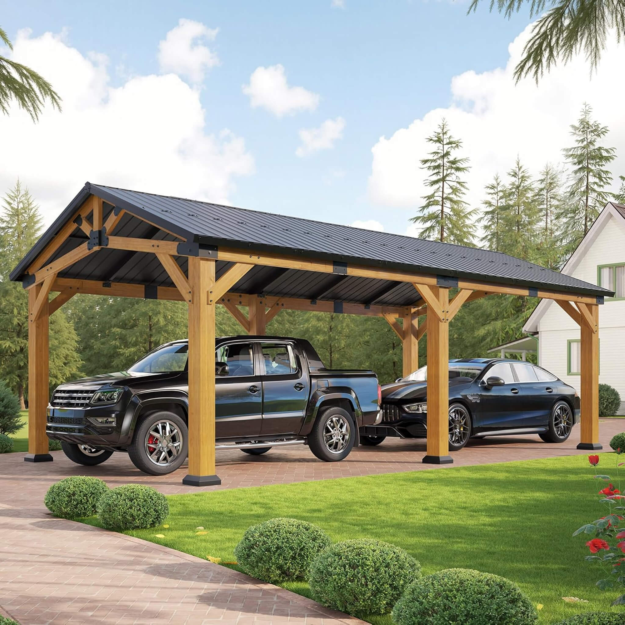 [12X24FT] Alora Large Heavy-Duty Outdoor Cedar Wood Hardtop Carport With Galvanized Steel Roof (SAK48392) - We The Collective