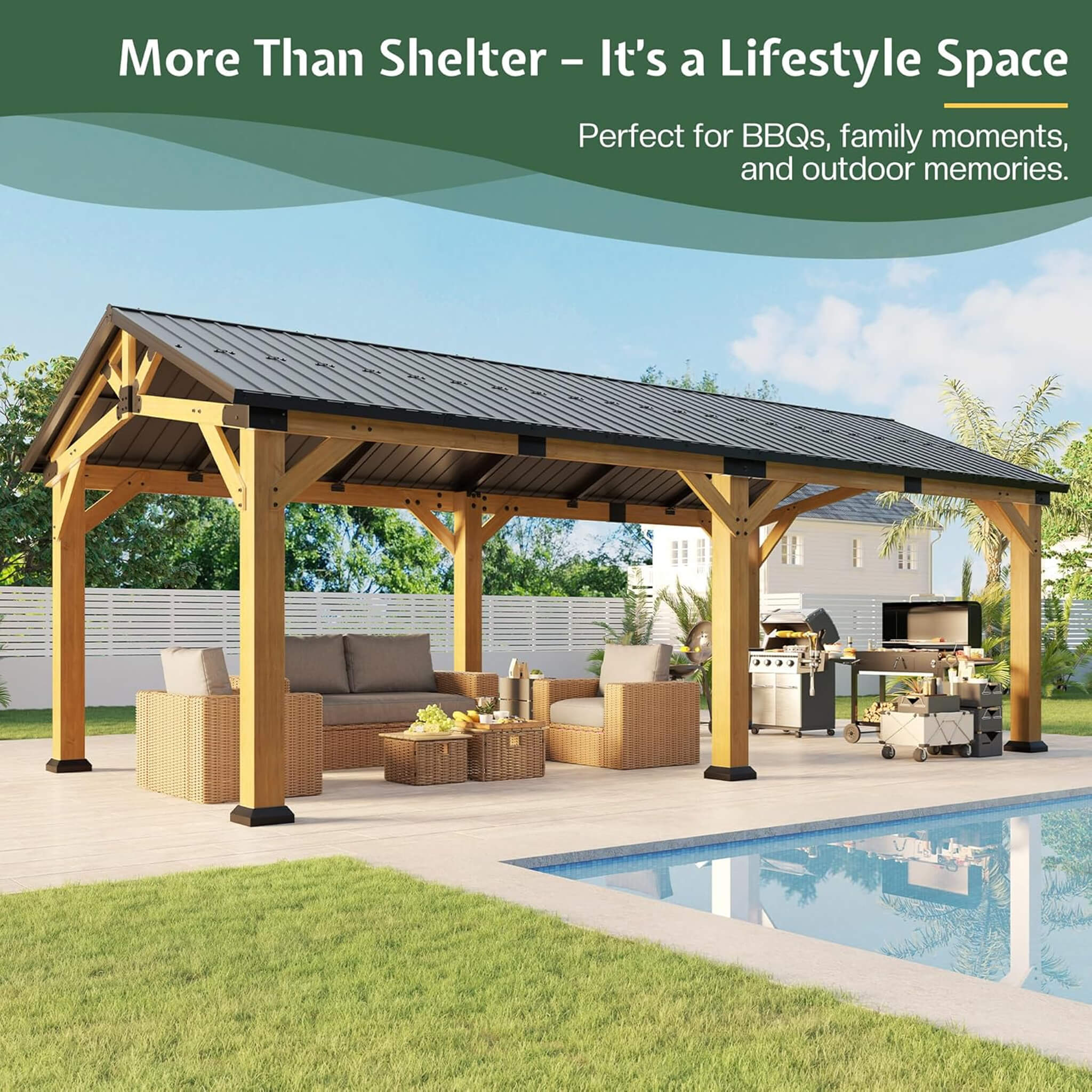 [12X24FT] Alora Large Heavy-Duty Outdoor Cedar Wood Hardtop Carport With Galvanized Steel Roof (SAK48392) - We The Collective