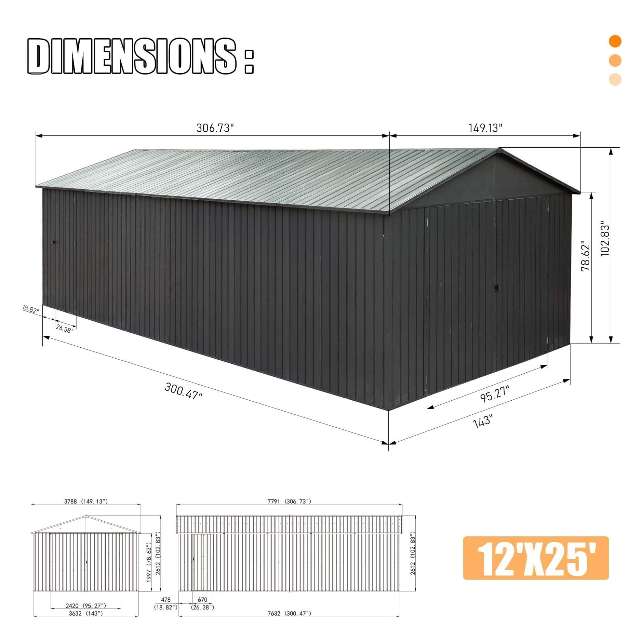 [12X25FT] Alora Extra Large Heavy-Duty Outdoor Metal Carport Garage Shed With Lockable Double Hinged Doors (SAK34153) - We The Collective