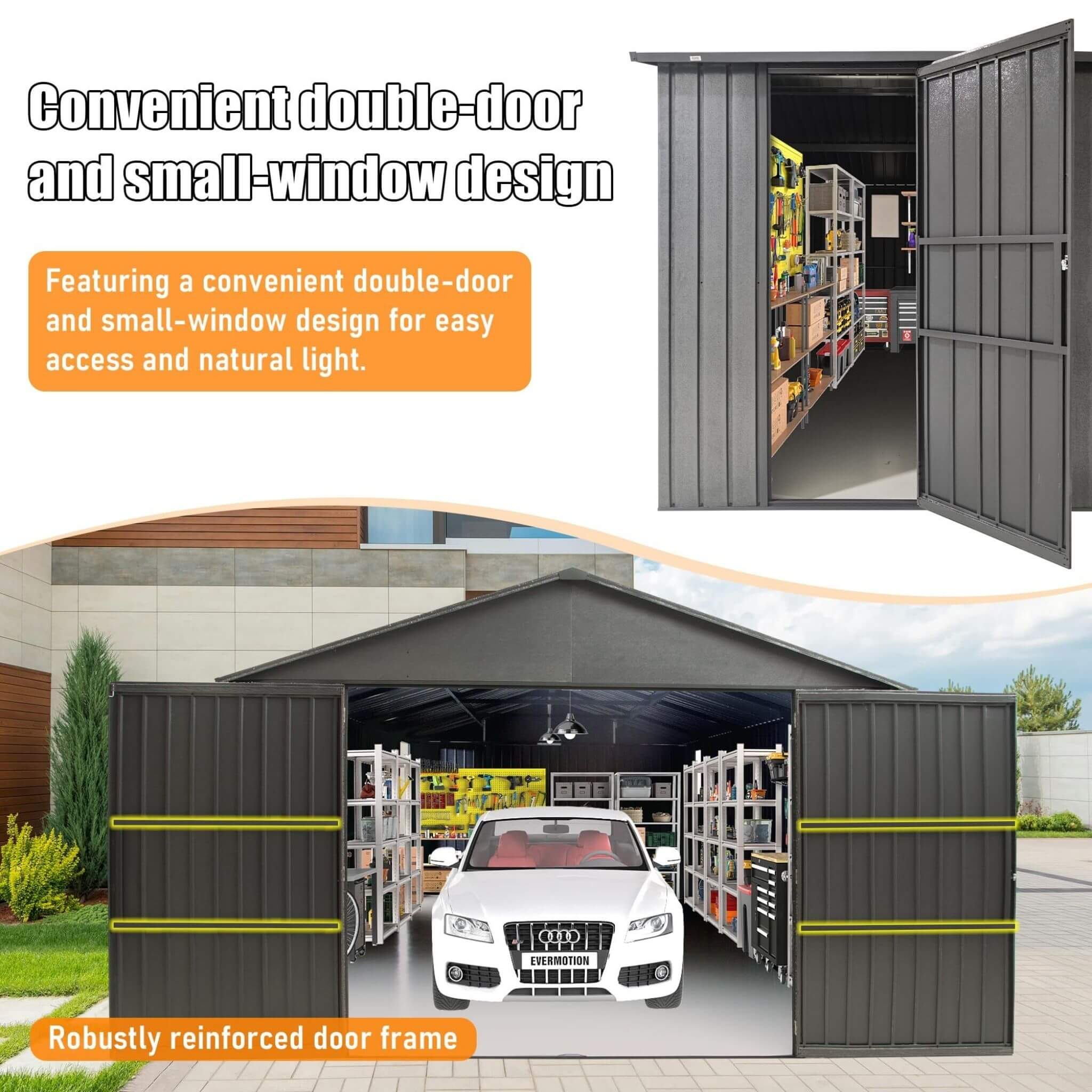 [12X25FT] Alora Extra Large Heavy-Duty Outdoor Metal Carport Garage Shed With Lockable Double Hinged Doors (SAK34153) - We The Collective