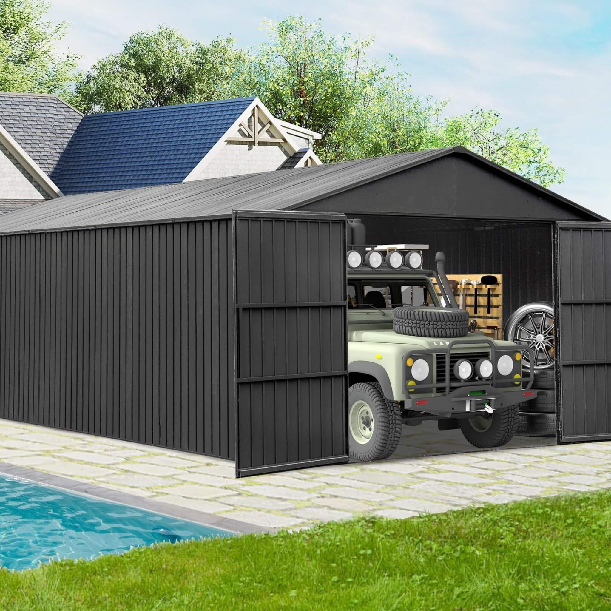 [12X25FT] Alora Extra Large Heavy-Duty Outdoor Metal Carport Garage Shed With Lockable Double Hinged Doors (SAK34153) - We The Collective