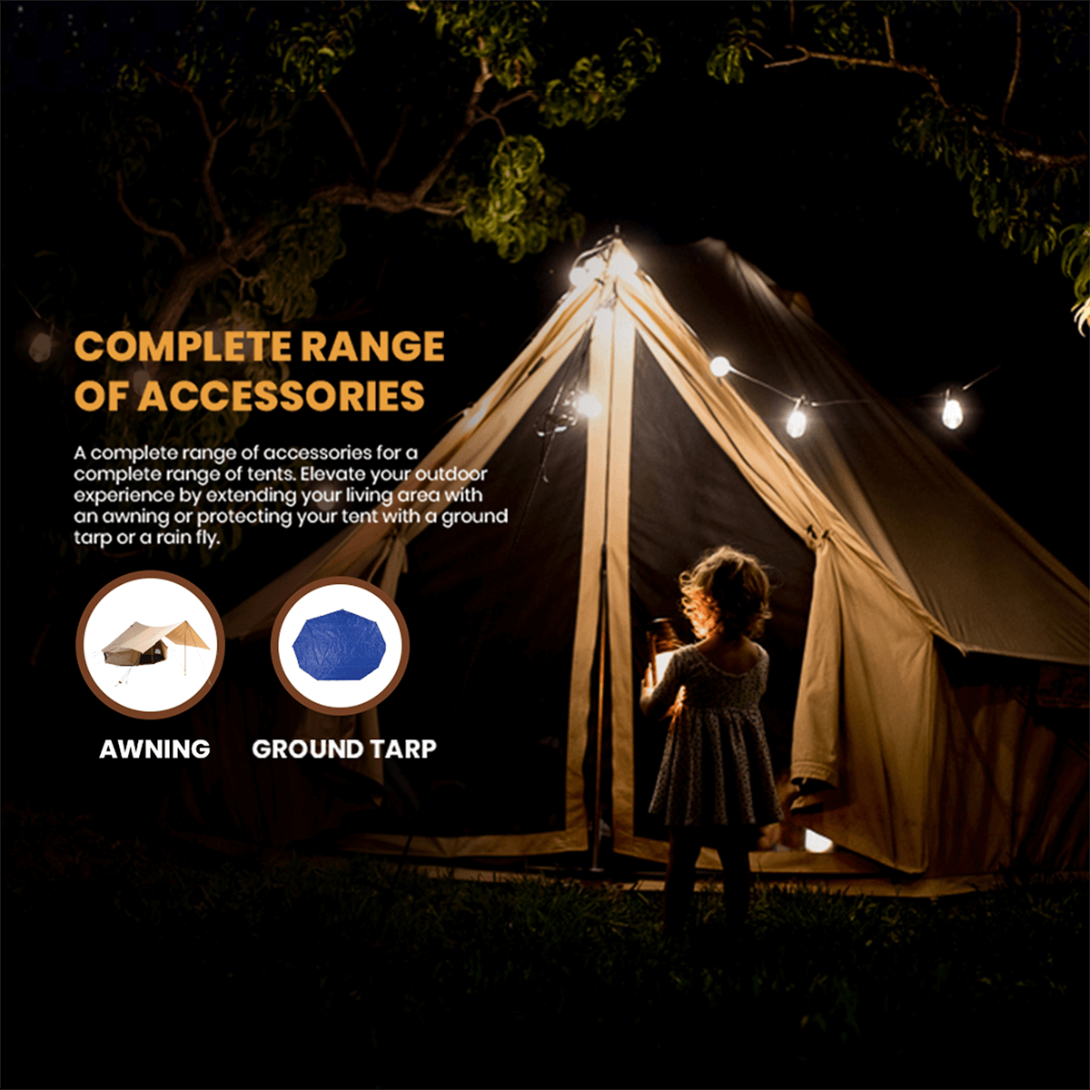Diagram of accessories for White Duck Outdoors 13-foot Regatta Bell Tent showing features and setup options.