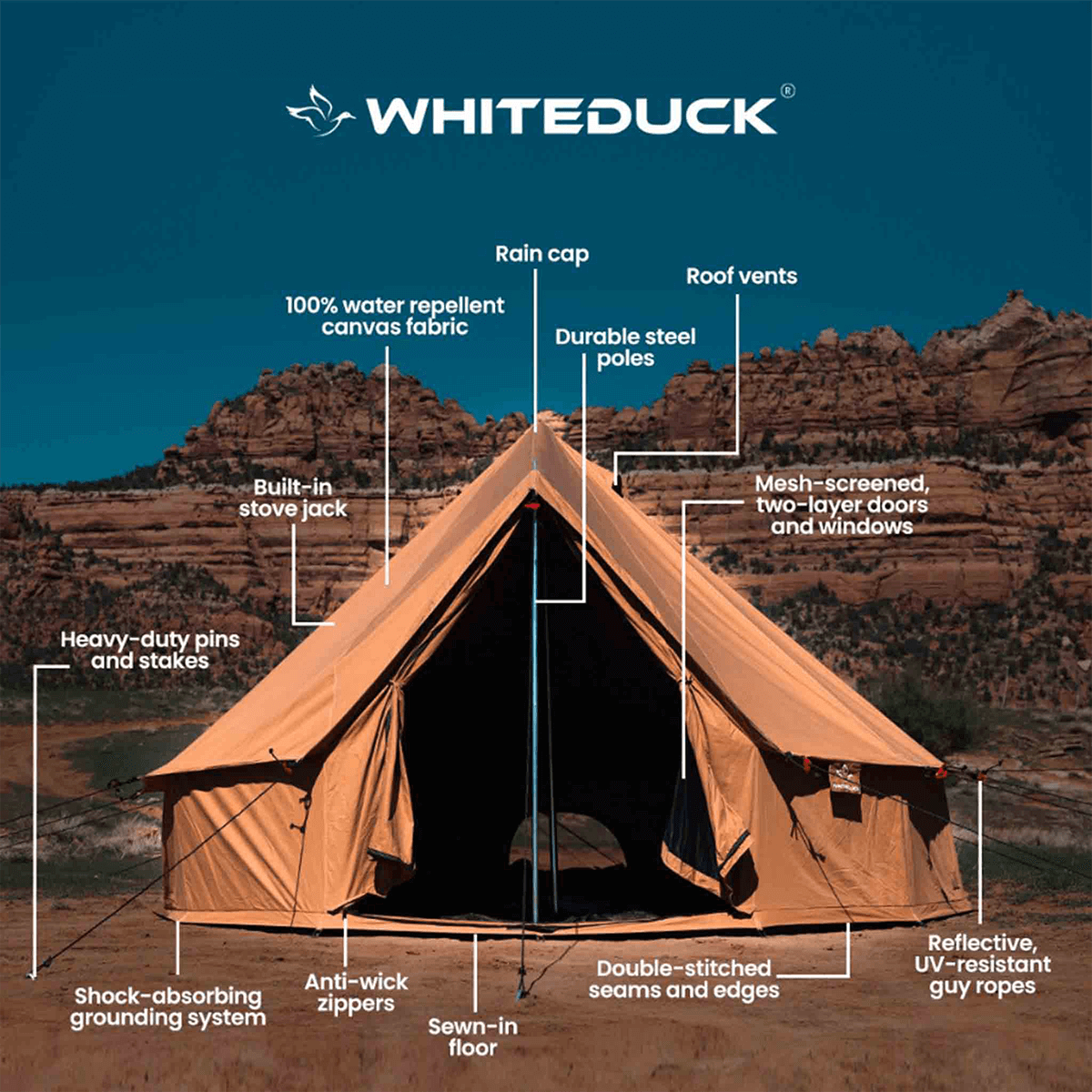 White Duck Outdoors 13' Regatta Bell Tent with spacious design and durable fabric, shown with interior and exterior features.
