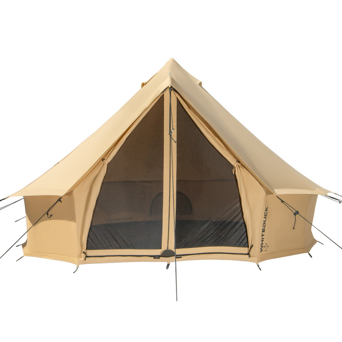 White Duck Outdoors 16' Regatta Bell Tent in sandstone beige, showing the spacious dome shape and sturdy fabric walls.