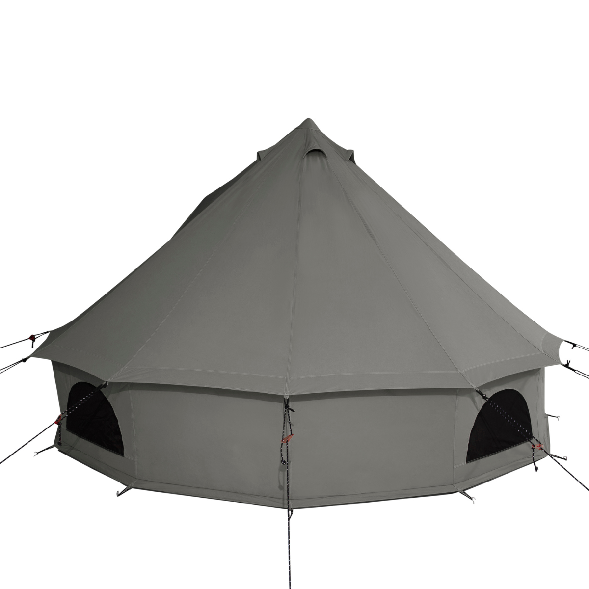 White Duck Outdoors 13' Regatta Bell Tent in Boulder Grey, shown from back left angle with open entrance and spacious interior.