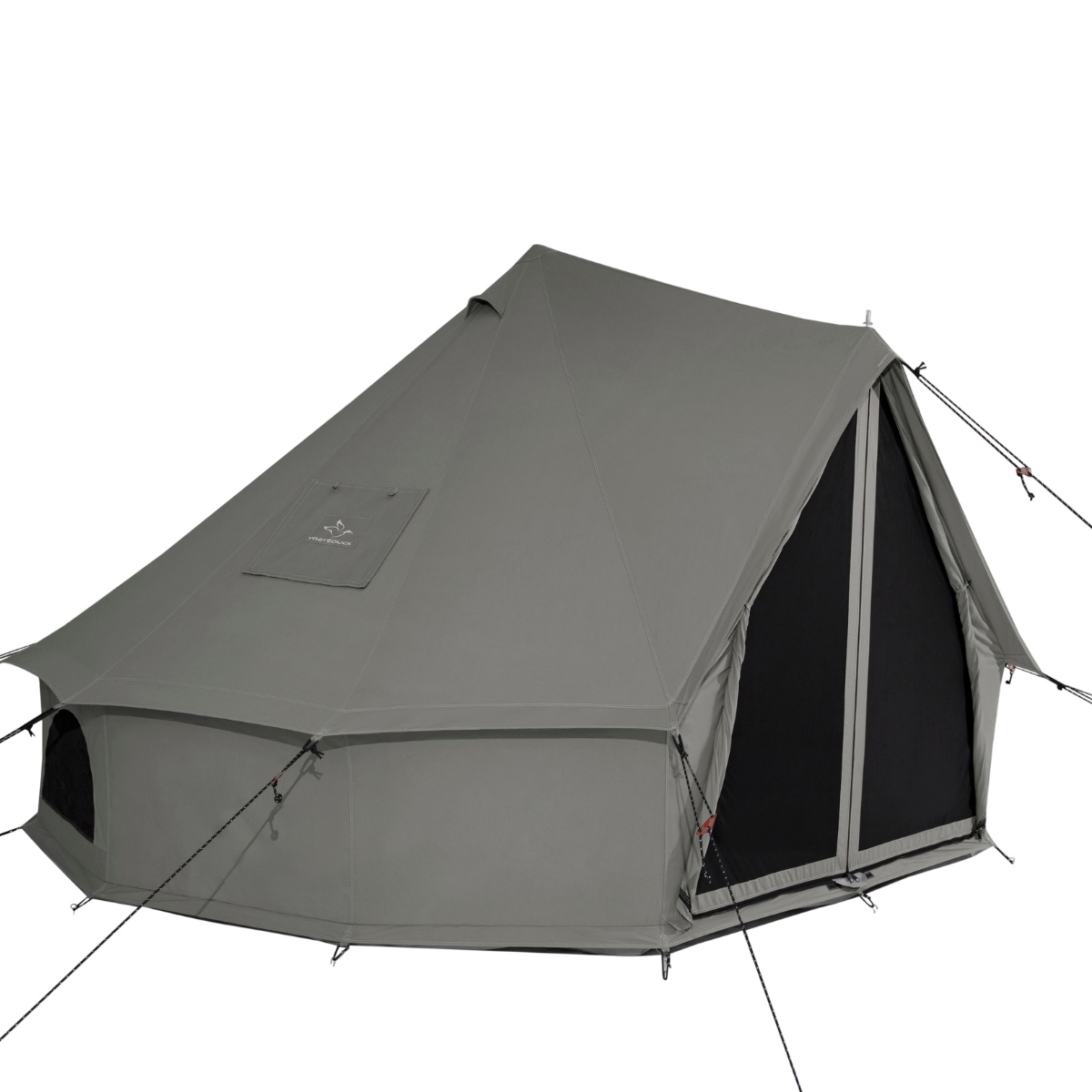 White Duck Outdoors 13' Regatta Bell Tent in Boulder Grey with mesh door, front-left view showing durable outdoor camping tent