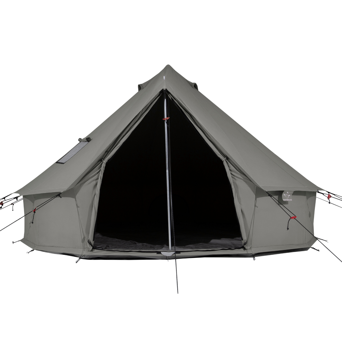 White Duck Outdoors 20-foot Regatta Bell Tent in Boulder Grey with mesh-open front view, showcasing its spacious, durable design.