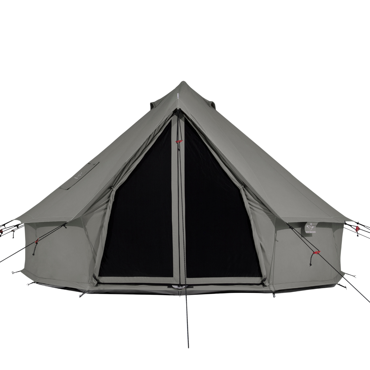 White Duck Outdoors 13' Regatta Bell Tent in Boulder Grey, front view showing the spacious, rounded tent with entrance and fabric details.