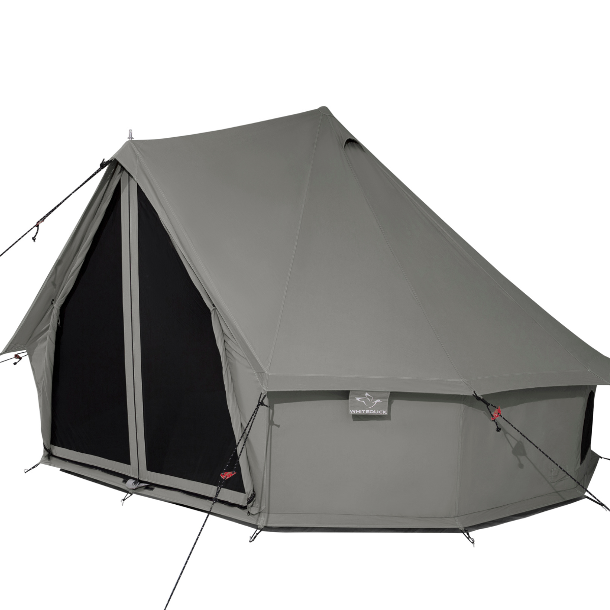 White Duck Outdoors 13-foot Regatta Bell Tent in Boulder Grey, side view with closed mesh windows and door.