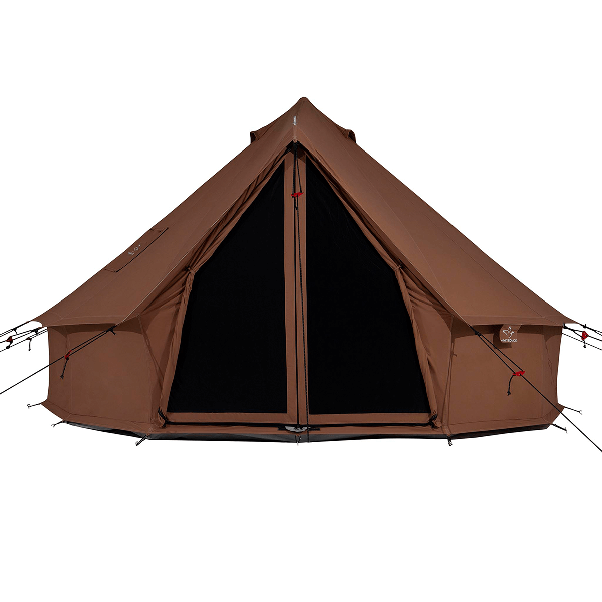 White Duck Outdoors 13' Regatta Bell Tent in desert red, front and back views, with mesh windows and closed door.