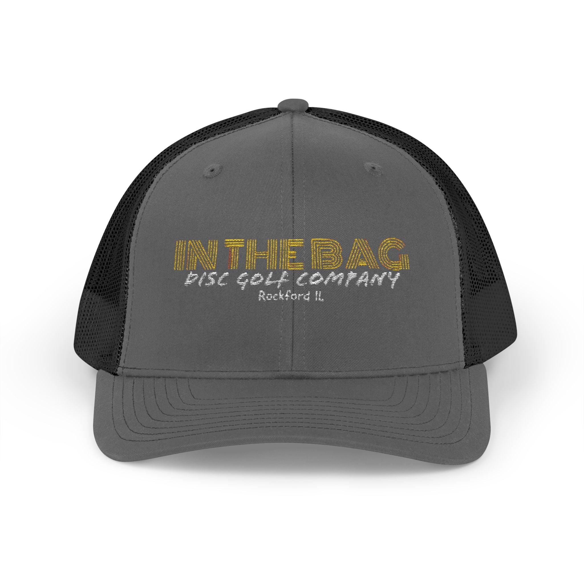 In The Bag Disc Golf Company trucker cap with mesh back and logo front, casual hat for disc golf enthusiasts.