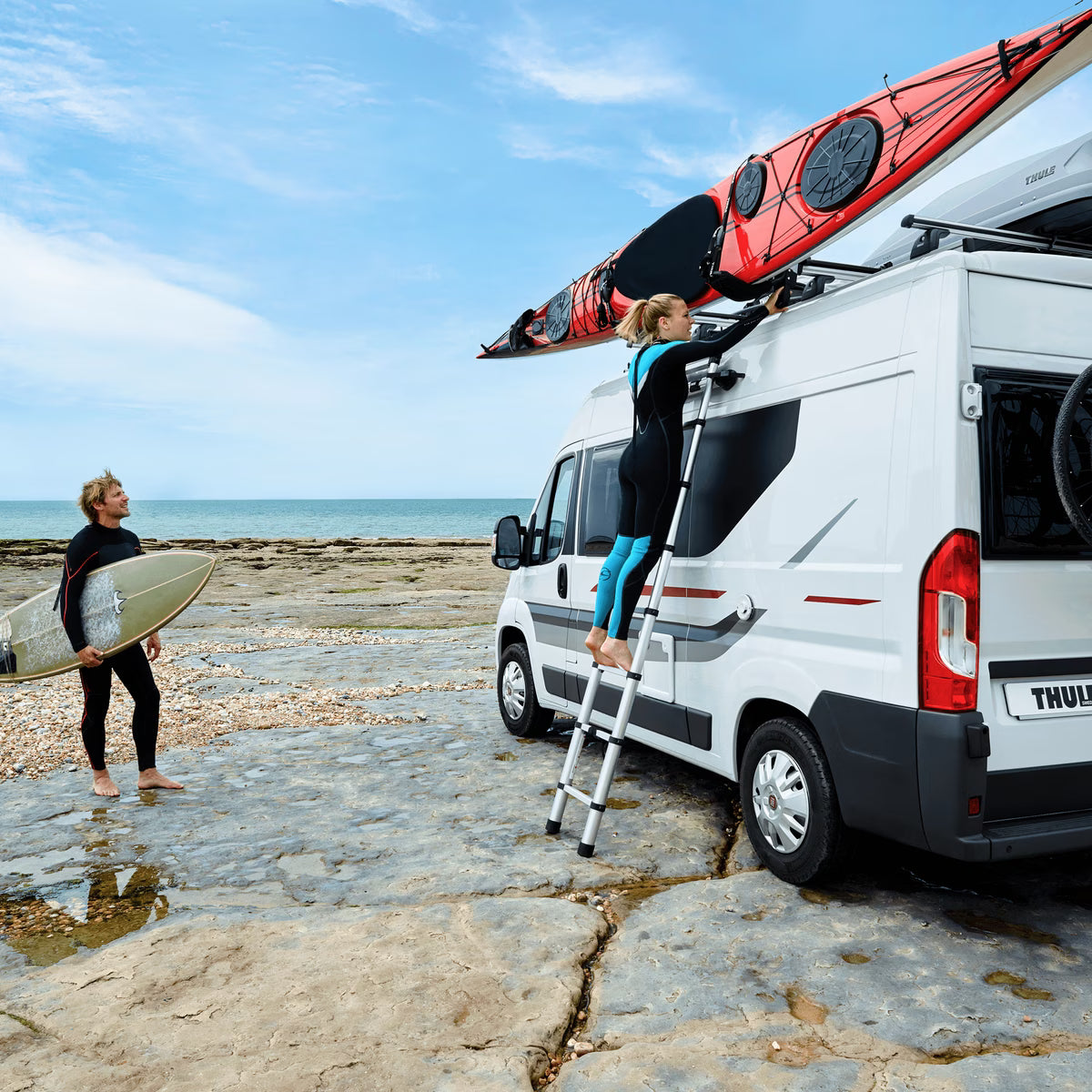 Backcountry Sportsman Thule Hullavator Pro winter and water sport rack with adjustable arms and secure mounting system.