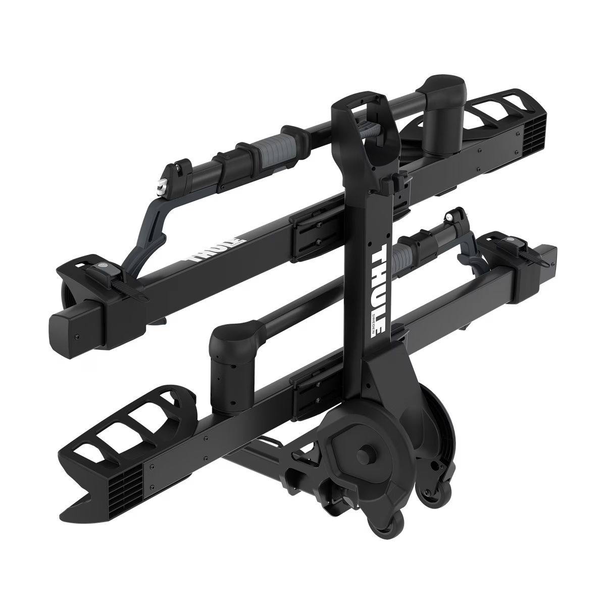 Backcountry Sportsman Thule T2 Pro XTR 2 bike rack mounted on vehicle, showing sturdy steel frame and adjustable wheel trays.