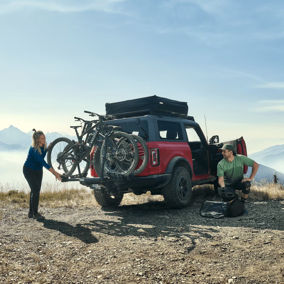 Backcountry Sportsman Thule T2 Pro XTR 2-inch bike rack mounted on vehicle, featuring sturdy construction and multiple bike support arms.