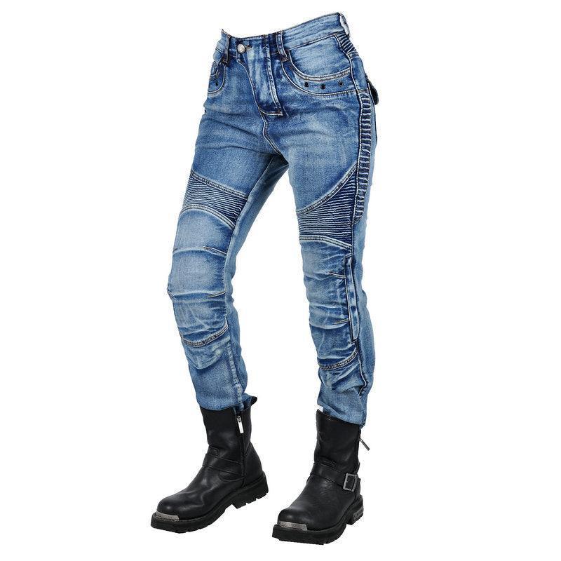 Volero Wave Guard Kevlar motorcycle jeans for women with reinforced knee panels, designed for safety and comfort by Bean's Moto Booth.