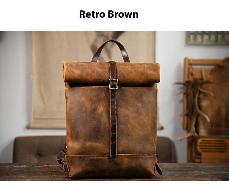 Filed Leather™ Vintage Roll-Top Crazy Horse Cowhide Leather Motorcycle Backpack with sturdy straps and classic design by Bean's Moto Booth