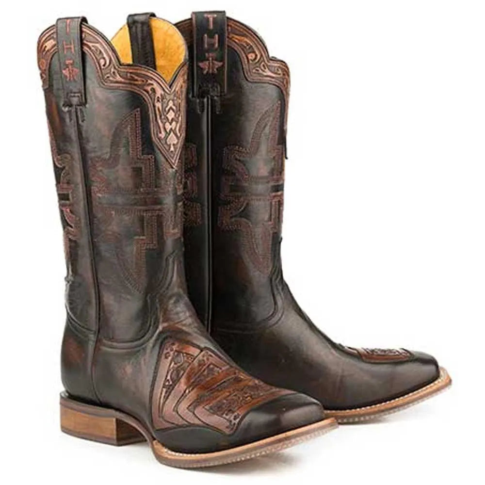 Black men's leather cowboy boot from Tin Haul Kings Gambling Legend collection, featuring detailed Western-style stitching.