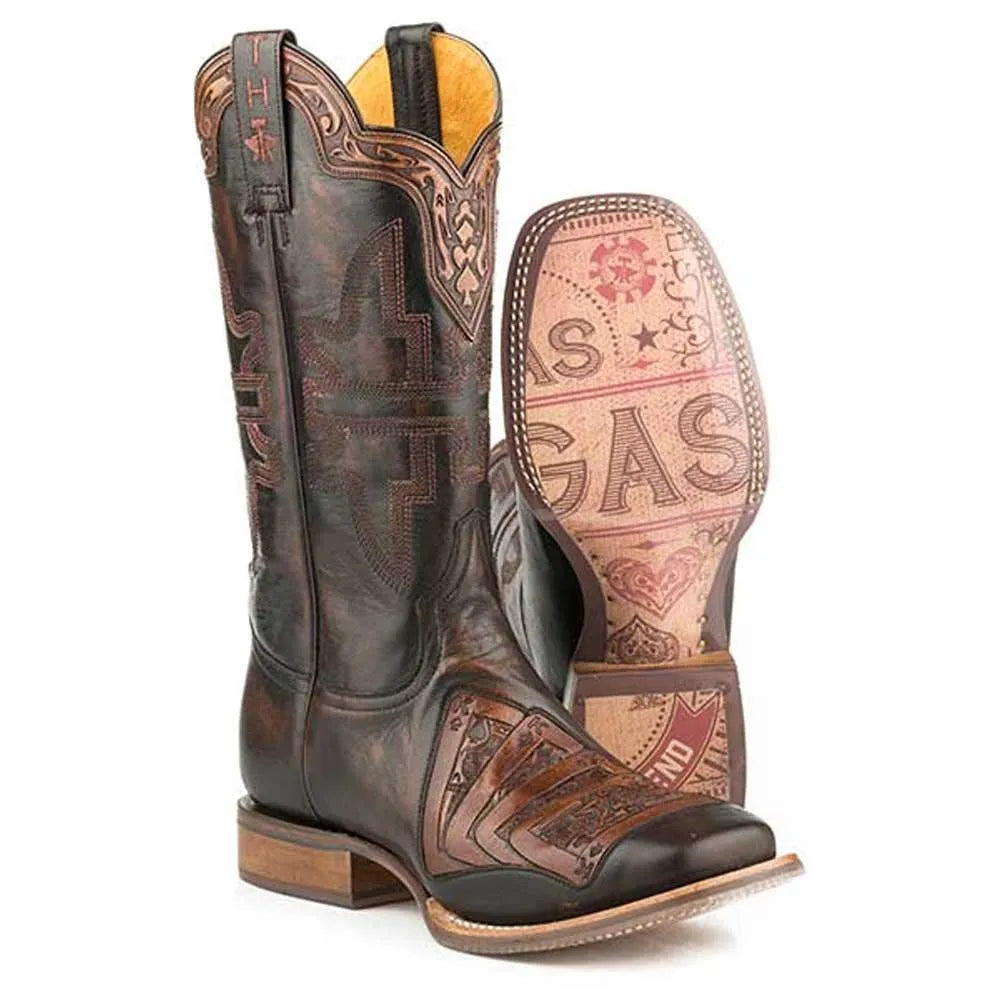 Black men's leather cowboy boot from Tin Haul Kings Gambling Legend collection, featuring detailed western-style stitching.