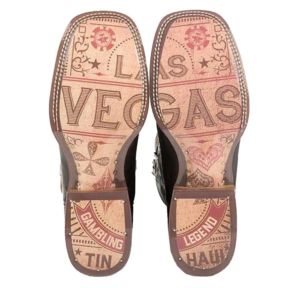 Men's black leather cowboy boots from Tin Haul Kings / Gambling Legend collection, featuring classic Western design and detailed stitching.