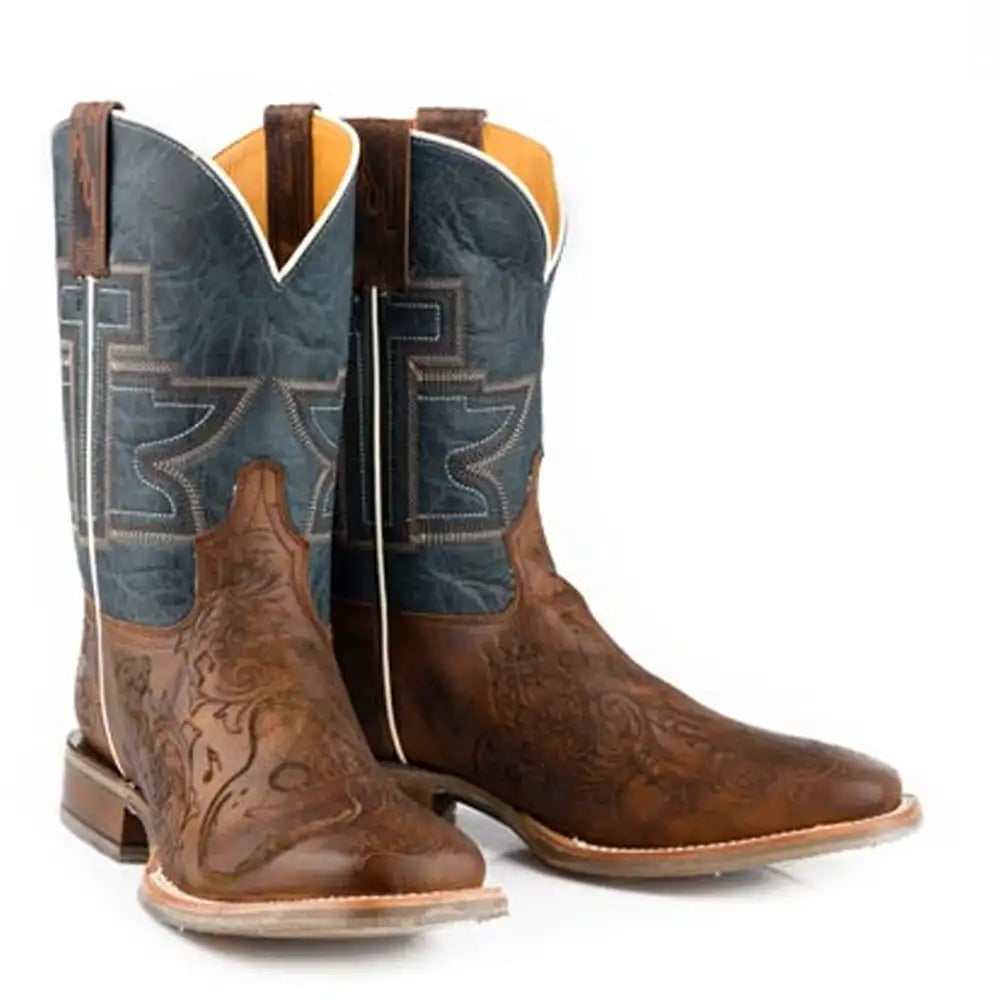 Men's leather cowboy boots featuring guitar man and rock on designs, Western footwear by HatCountry, stylish and durable.