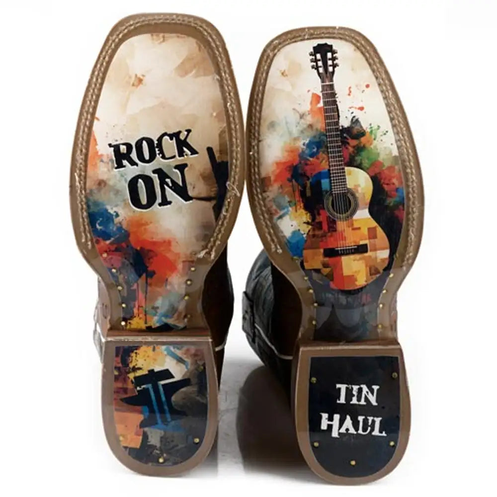 Men's leather cowboy boots featuring guitar man and rock on designs, stylish footwear from HatCountry.