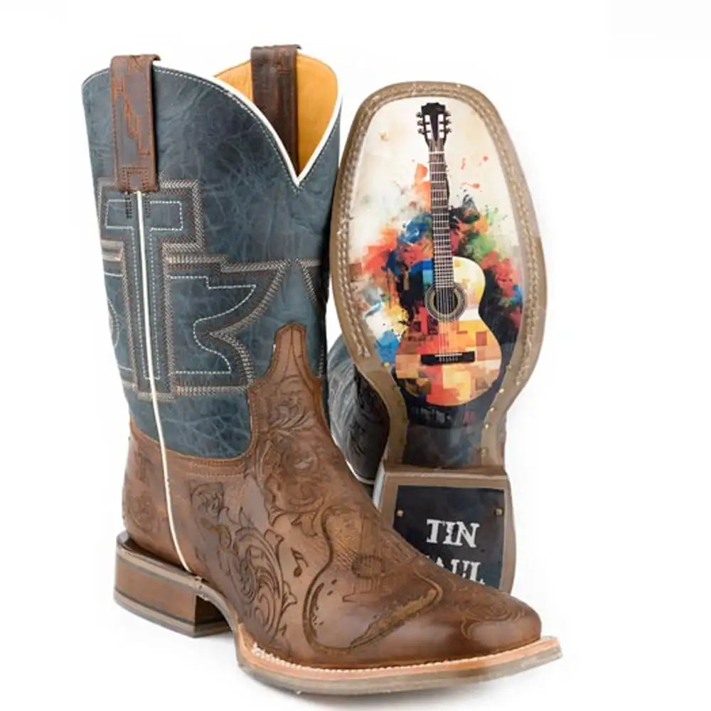 Men's leather cowboy boots with Guitar Man and Rock On designs, Western footwear by HatCountry.