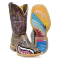 Pink leather cowgirl boots for kids featuring "I Don't Bite / Jawsome Sole" design by Tin Haul, suitable for little and big kids.
