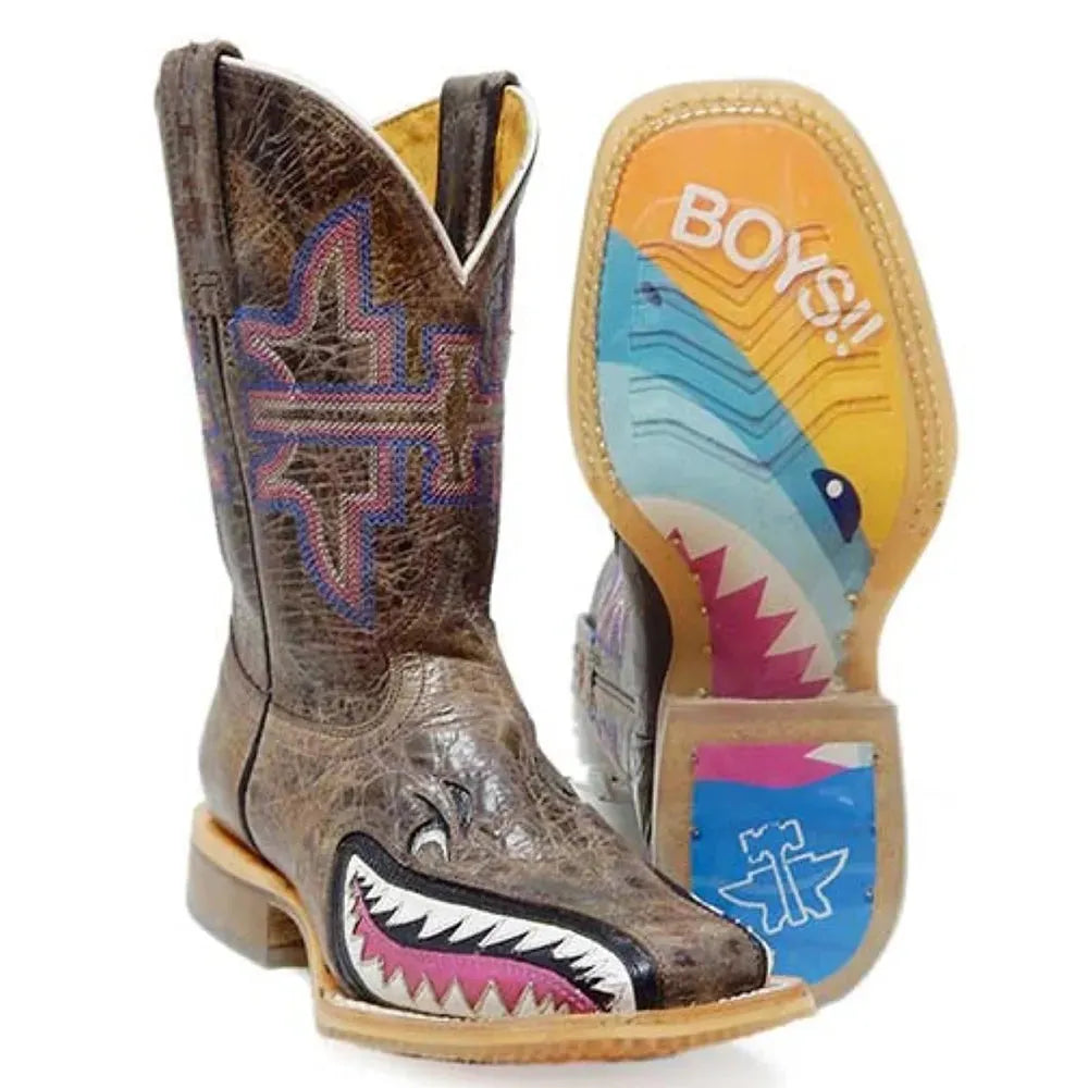 Pink leather cowgirl boots for kids featuring "I Don't Bite / Jawsome Sole" design by Tin Haul, suitable for little and big kids.