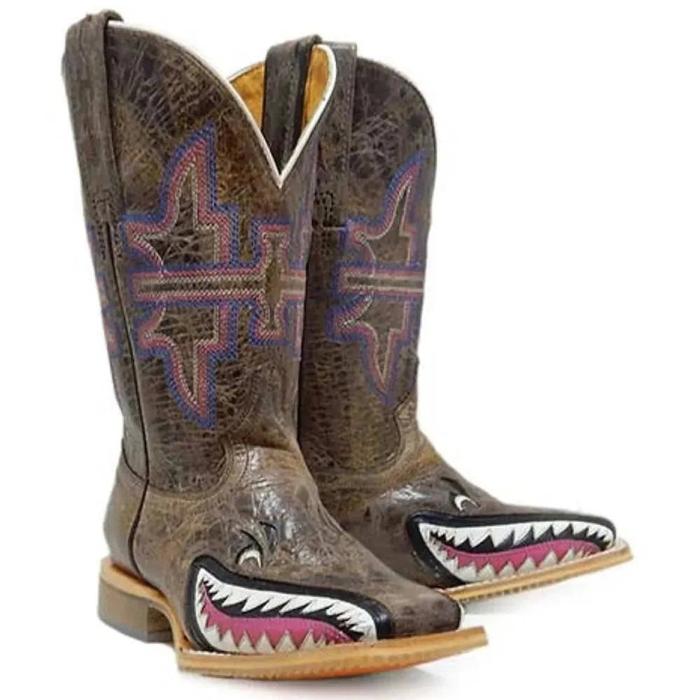 Pink leather cowgirl boots for kids with "I Don't Bite / Jawsome" design, featuring a playful Western style and sturdy soles.