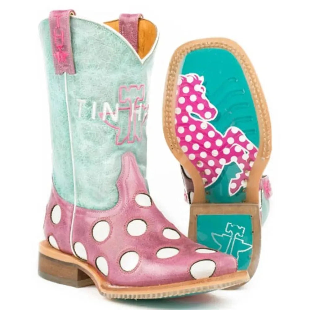Pink Leather Cowgirl Boots for kids featuring Little Miss Dotty and Horse A Dot Sole designs, stylish footwear by HatCountry.
