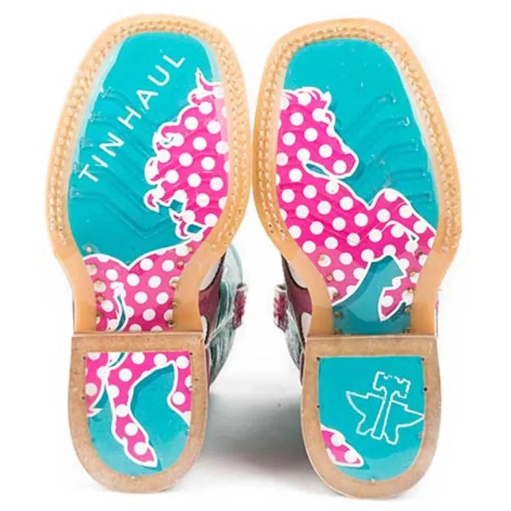 Pink Tin Haul Little Miss Dotty leather cowboy boots for kids with horse and dot patterns, featuring durable leather construction.