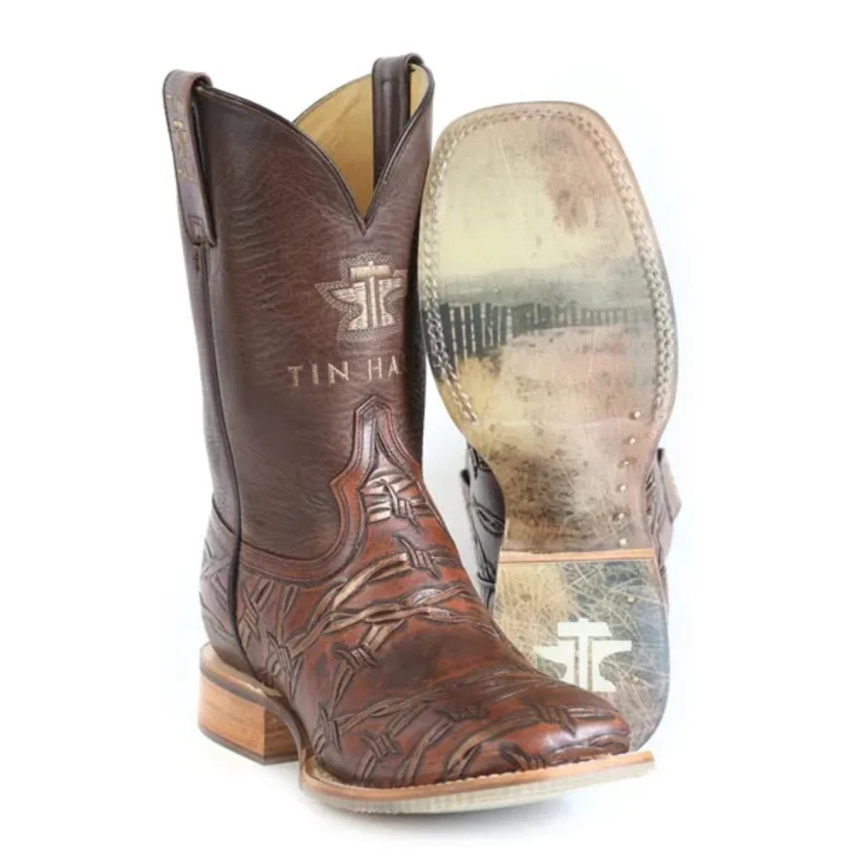 Men's leather cowboy boots from Tin Haul Sharp As Ever collection, featuring classic Western style and detailed stitching.