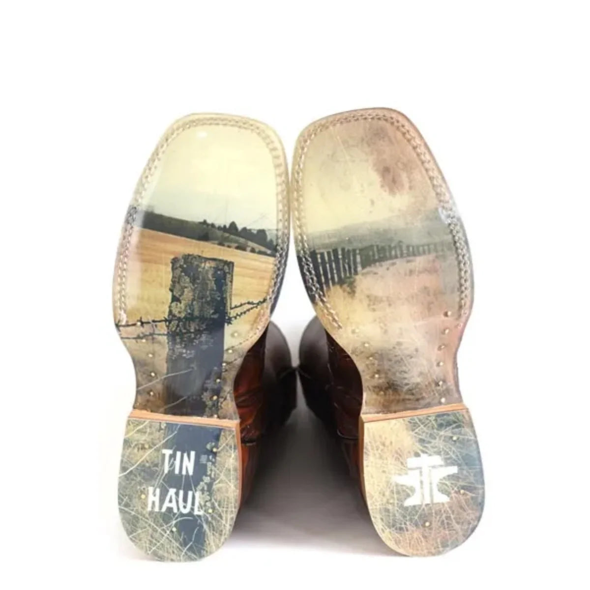 Men's leather cowboy boots by HatCountry, featuring a rugged Tin Haul Sharp As Ever design with detailed stitching and classic Western style.