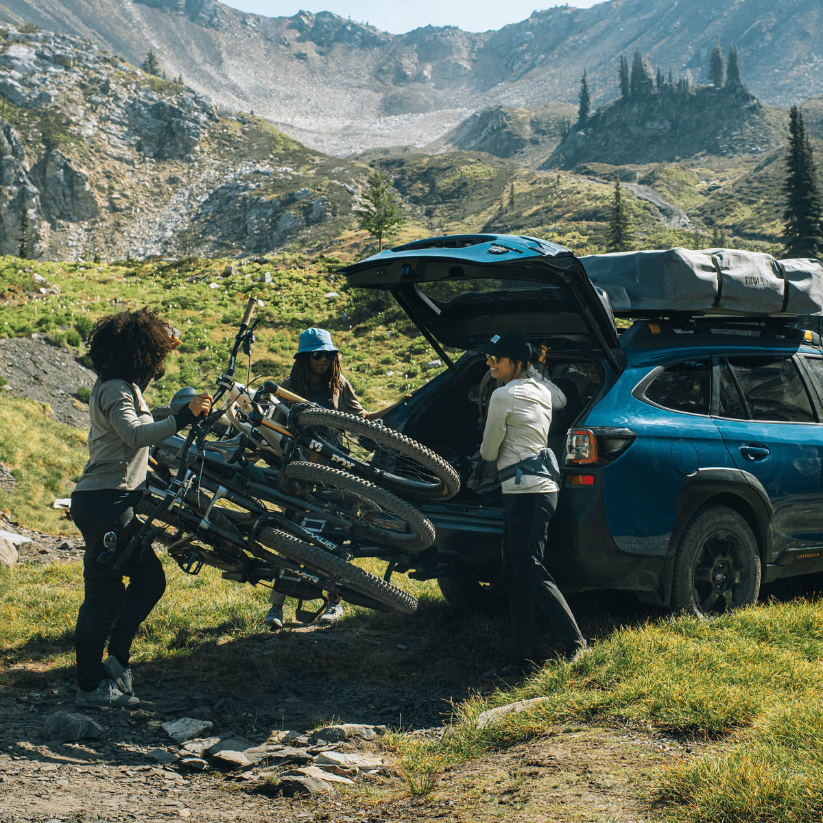 Backcountry Sportsman Thule Epos bike rack mounted on vehicle, showing sturdy construction and secure attachment for cycling trips.